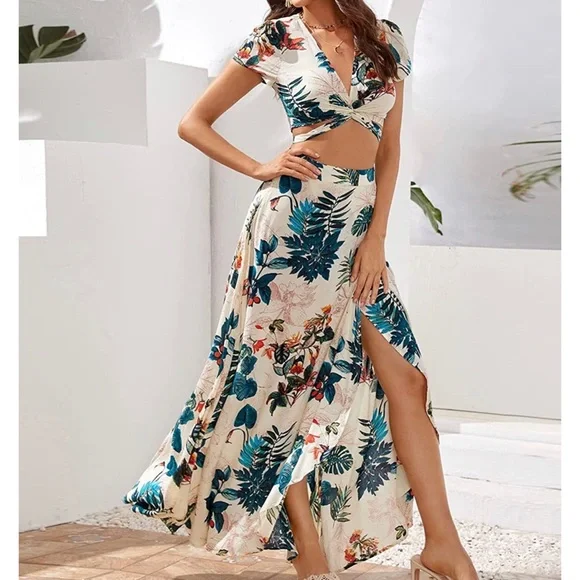 Shein Women's 2 Piece Boho Twist Front Top and High Split Maxi Skirt Set - Picture 3 of 8